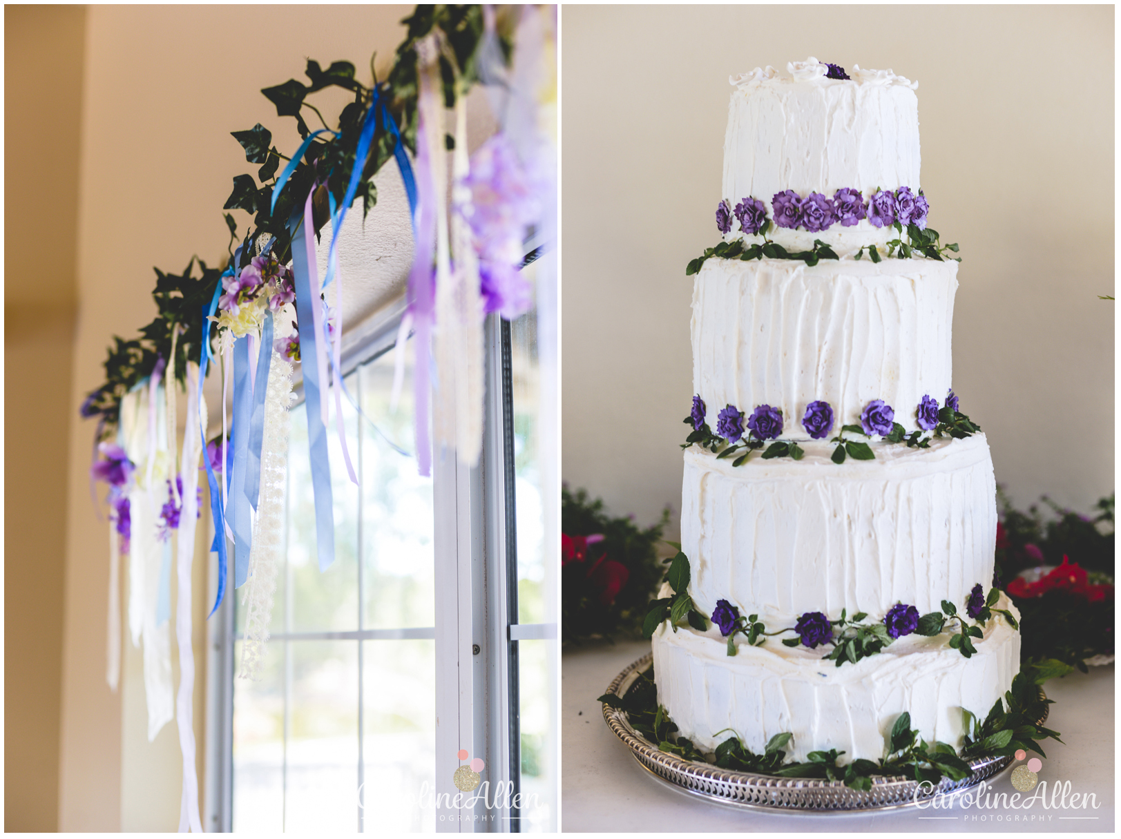 ribbon, purple flowers, wedding cake