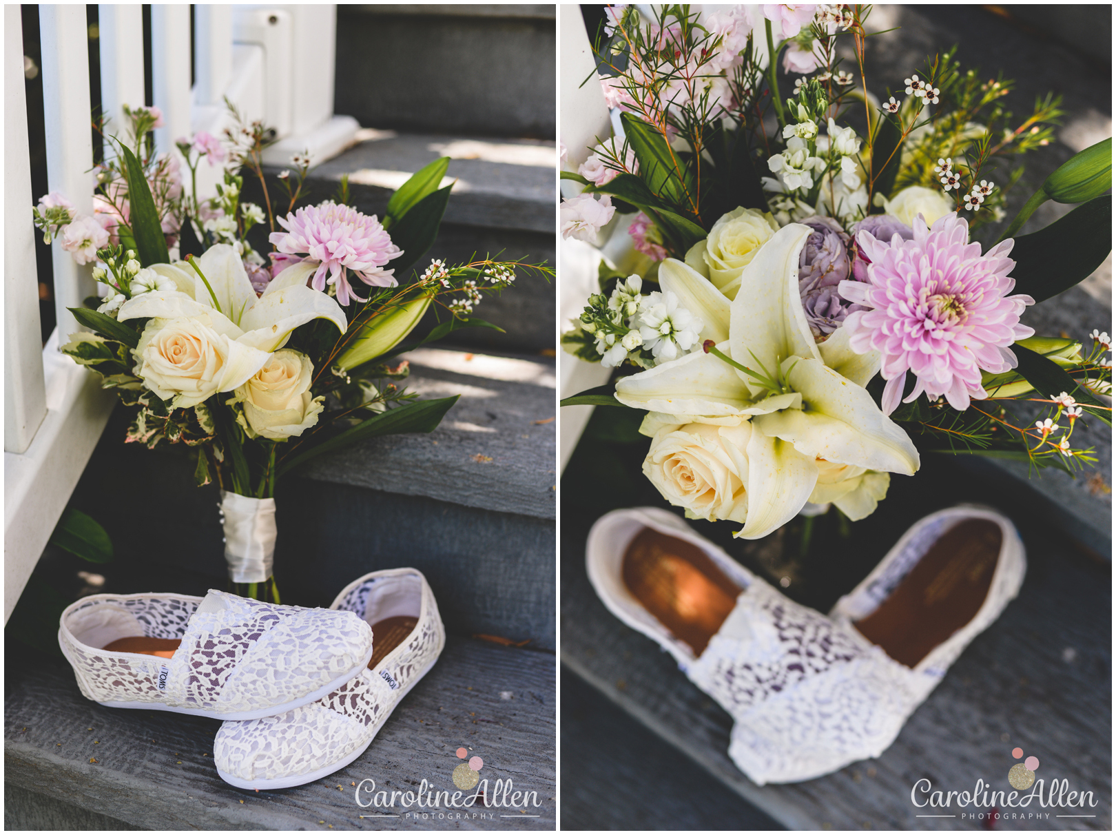 shoes, bouquet, lilies, roses, lace 