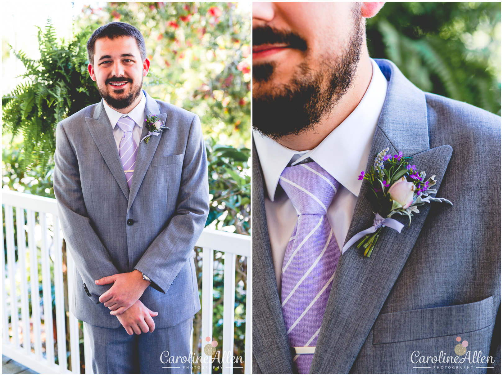 groom, grey tux, buttoner, purple tie 