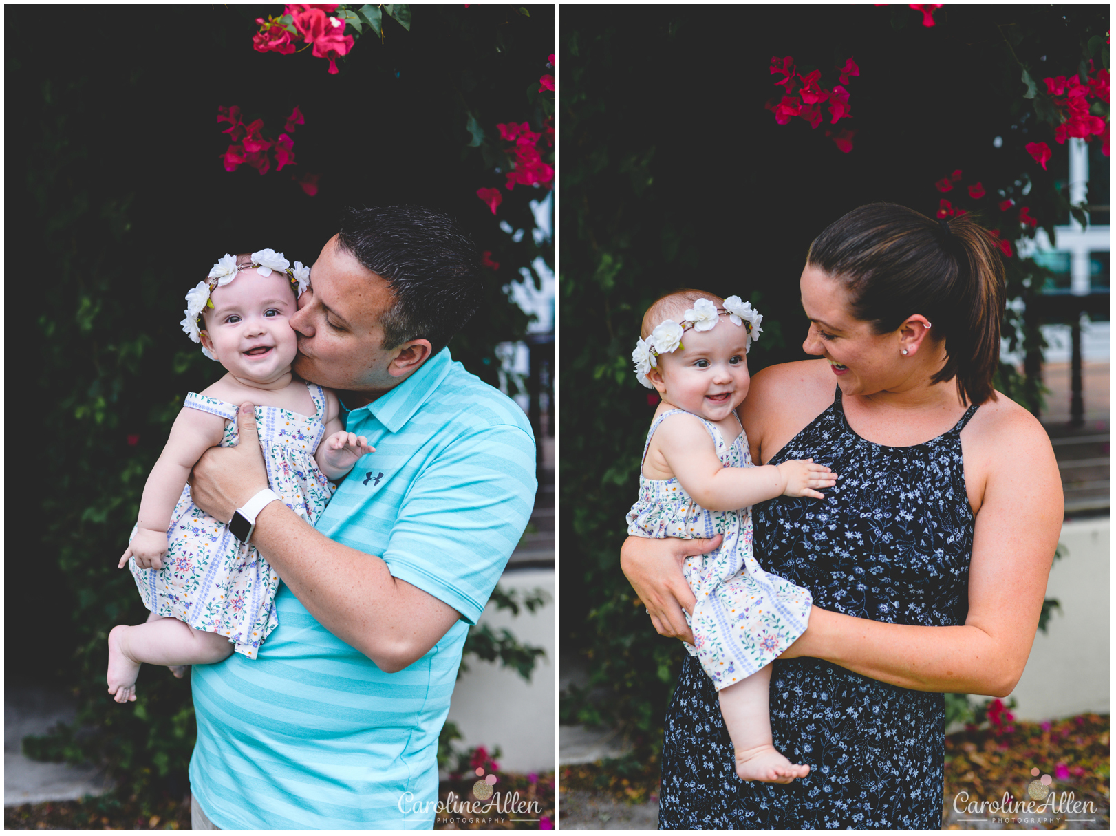 father, daughter, mother, flowers