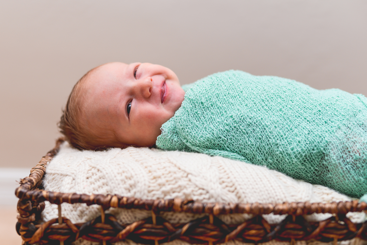 baby, newborn, basket, smile