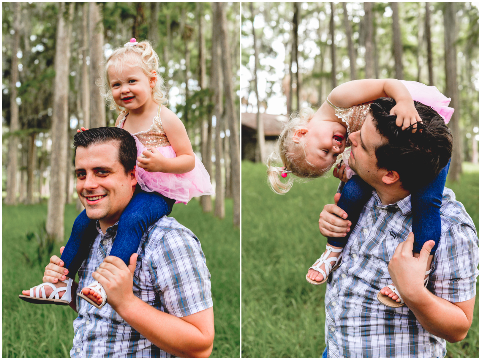 dad, daughter, smiles, silly, grass, trees