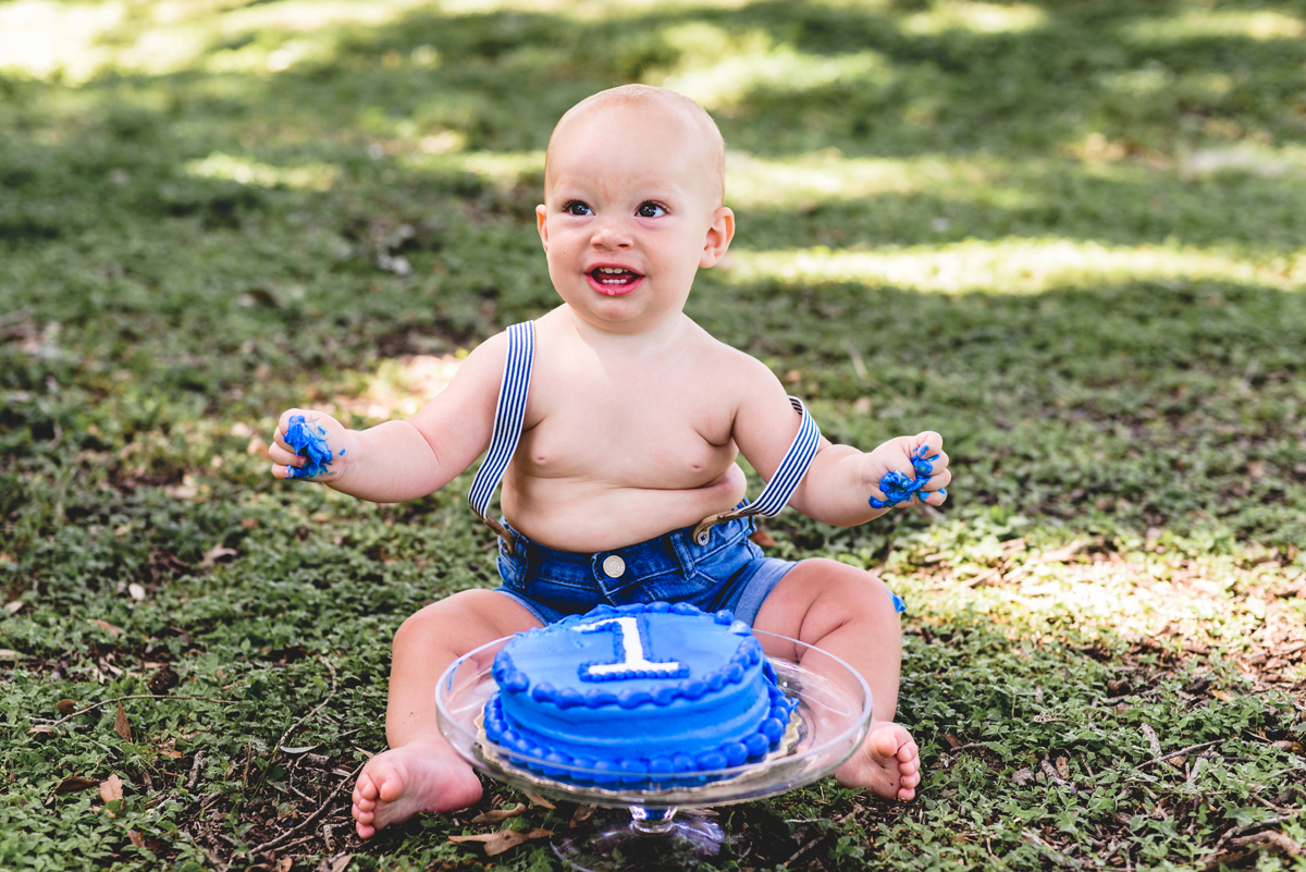 smash cake, birthday boy, blue, suspenders, messy