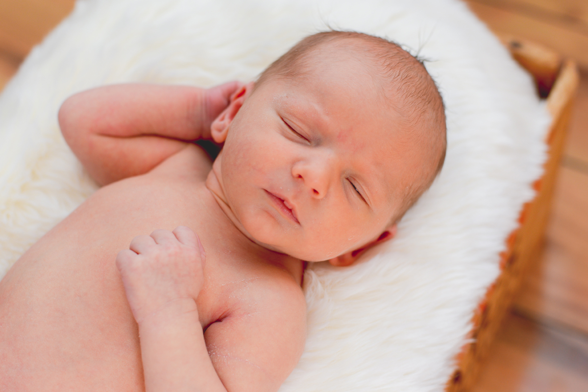 sleeping, baby, newborn, baby boy, basket, fur, wood