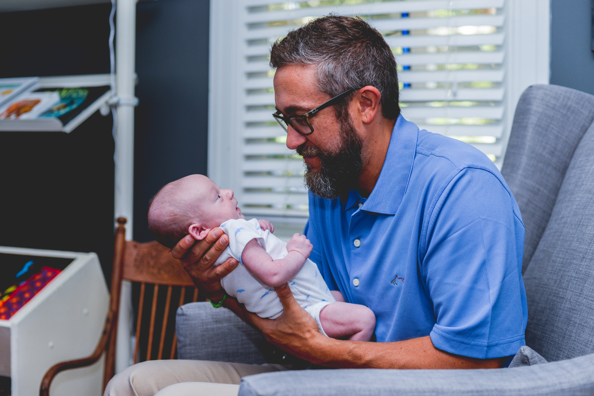 dad, baby, newborn, nursery, blue