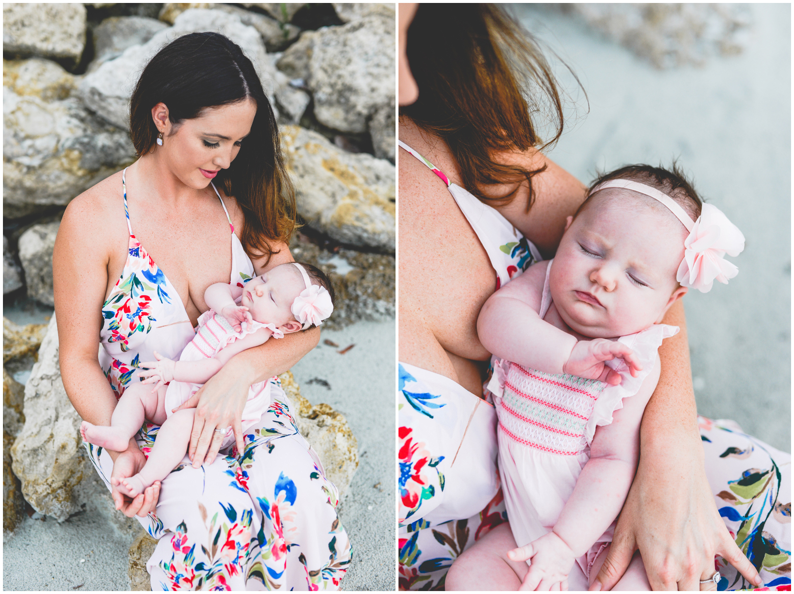 mom, baby, daughter, beach, rocks, pink