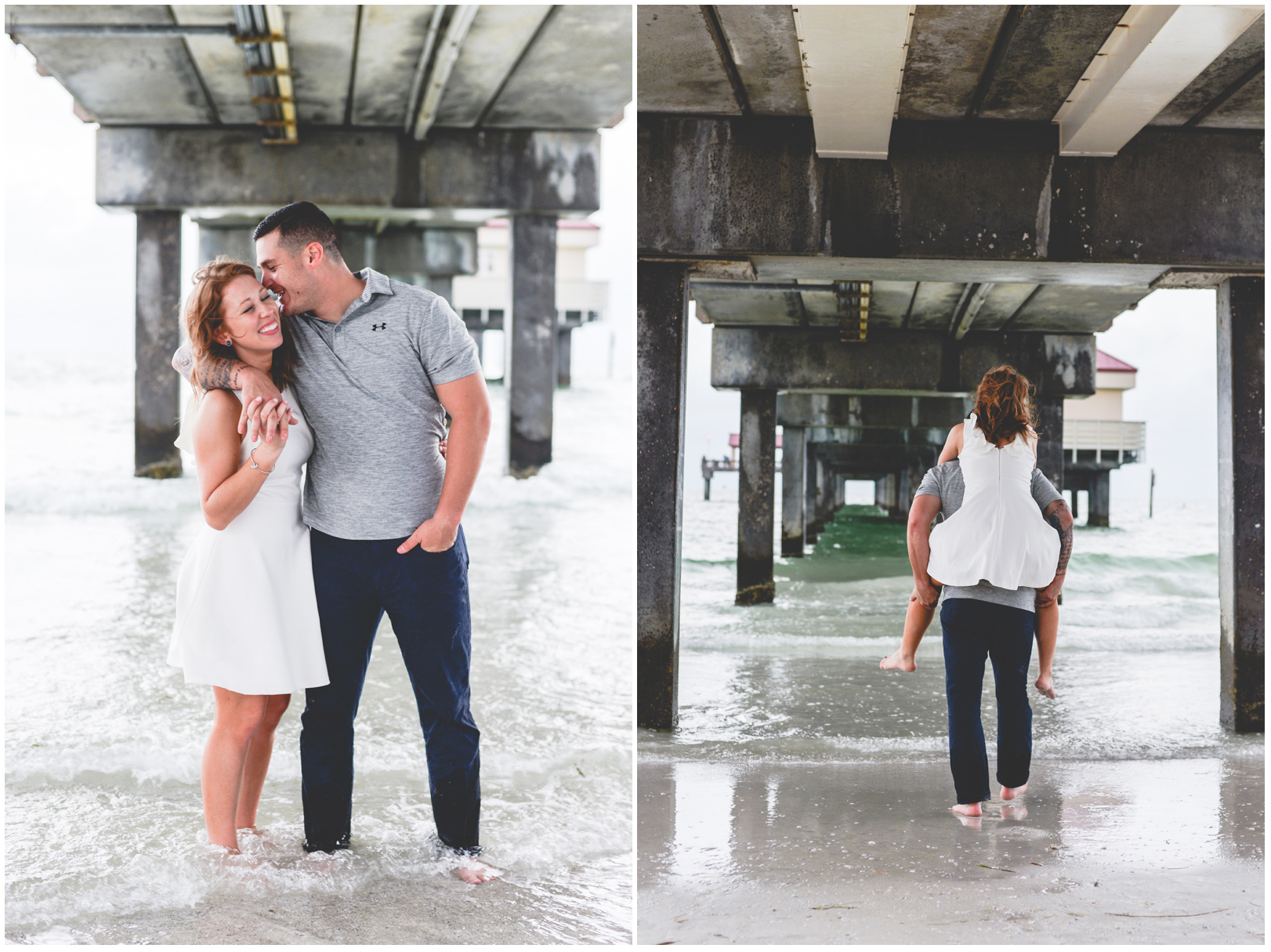 pier, beach, ocean, waves, piggyback 