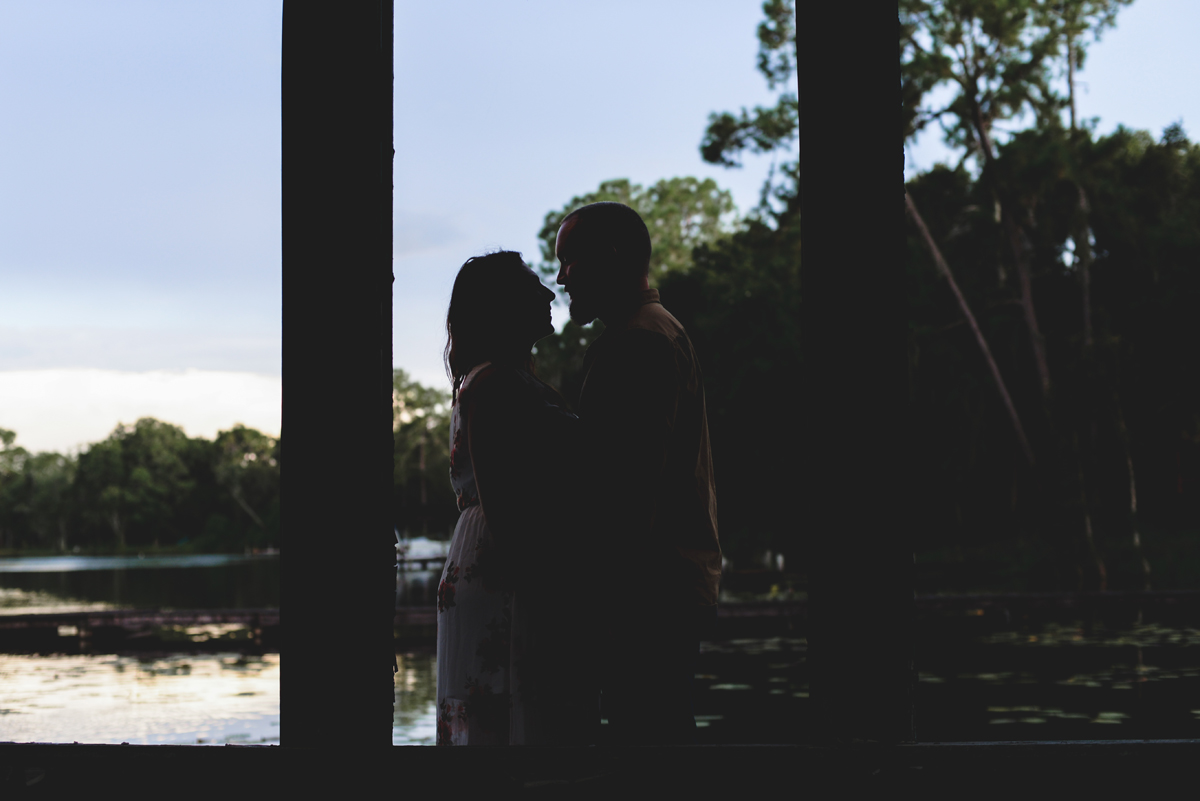 lake, boat house, silhouette, couple 