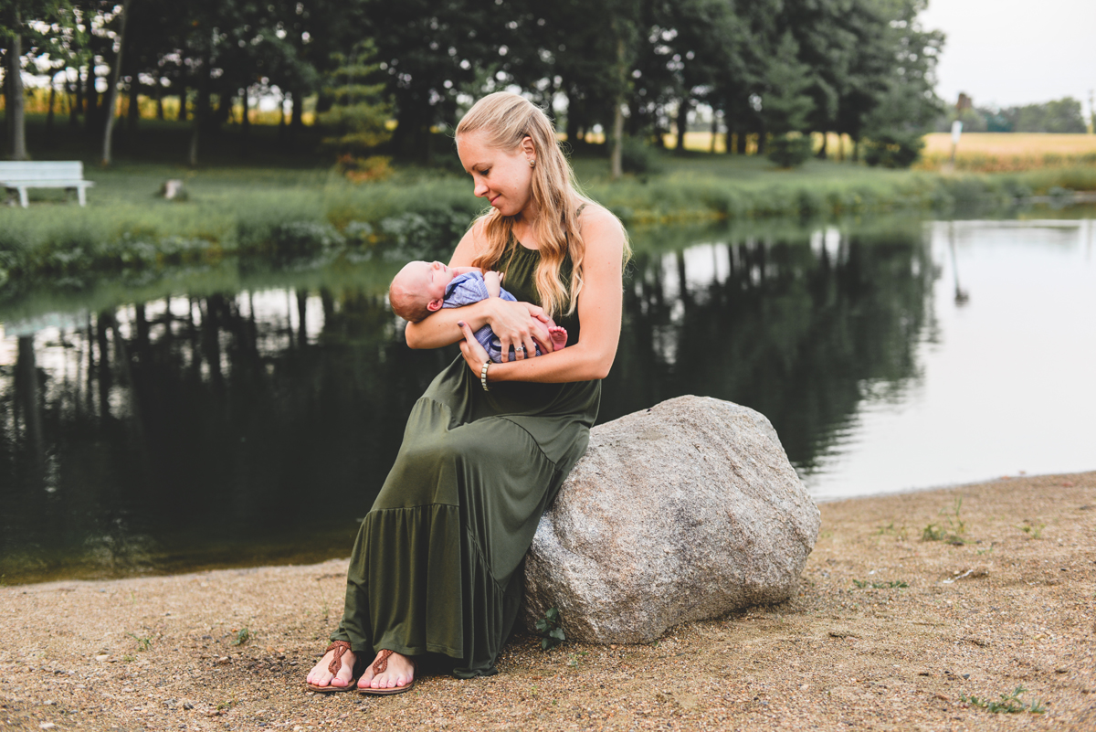 mom, baby, rock, lake, beach, sand