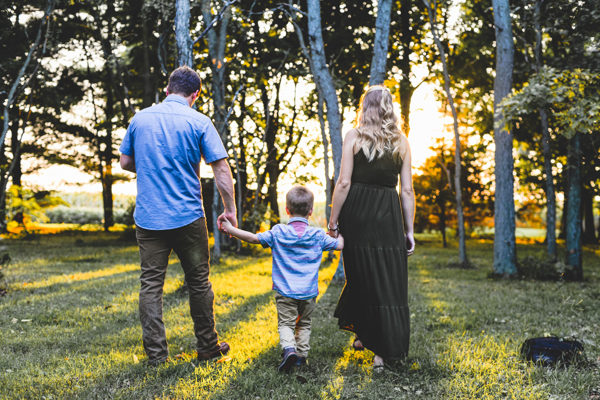 family, walking, holding hands, forest, sunlight