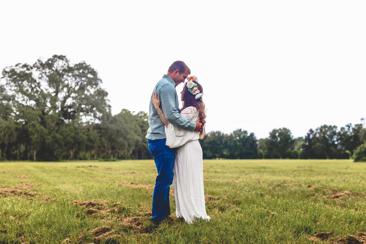 flower crown, grass field, trees, hay, flower crown, couple