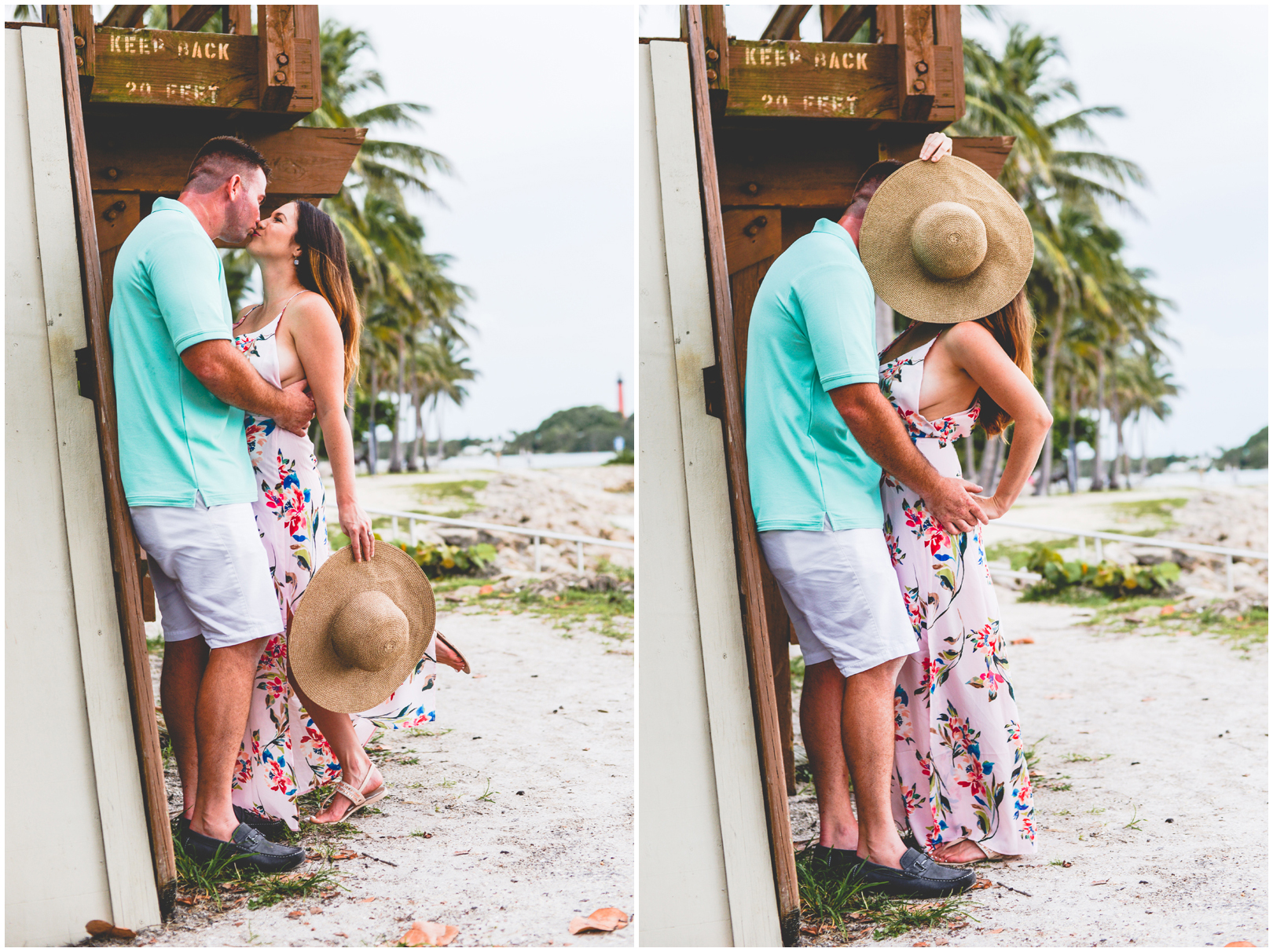 life guard stand, beach, sand, sun hat, kissing, couple