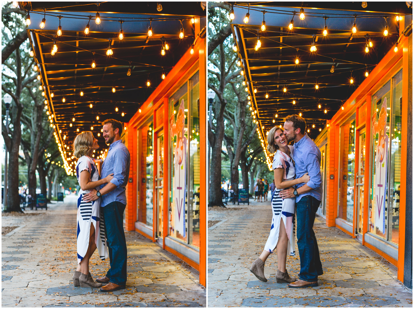 downtown, string lights, couple, hugging, laughing