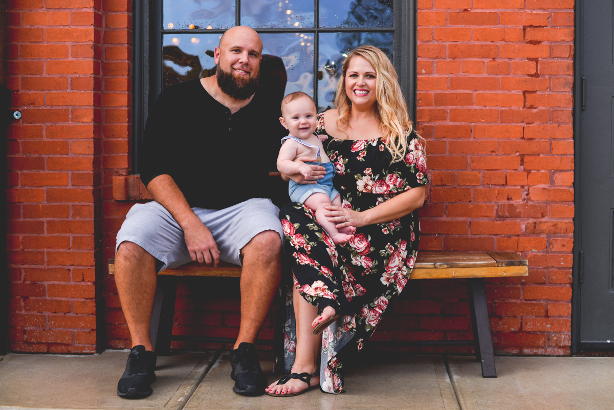 family, baby, mom, dad, brick, window