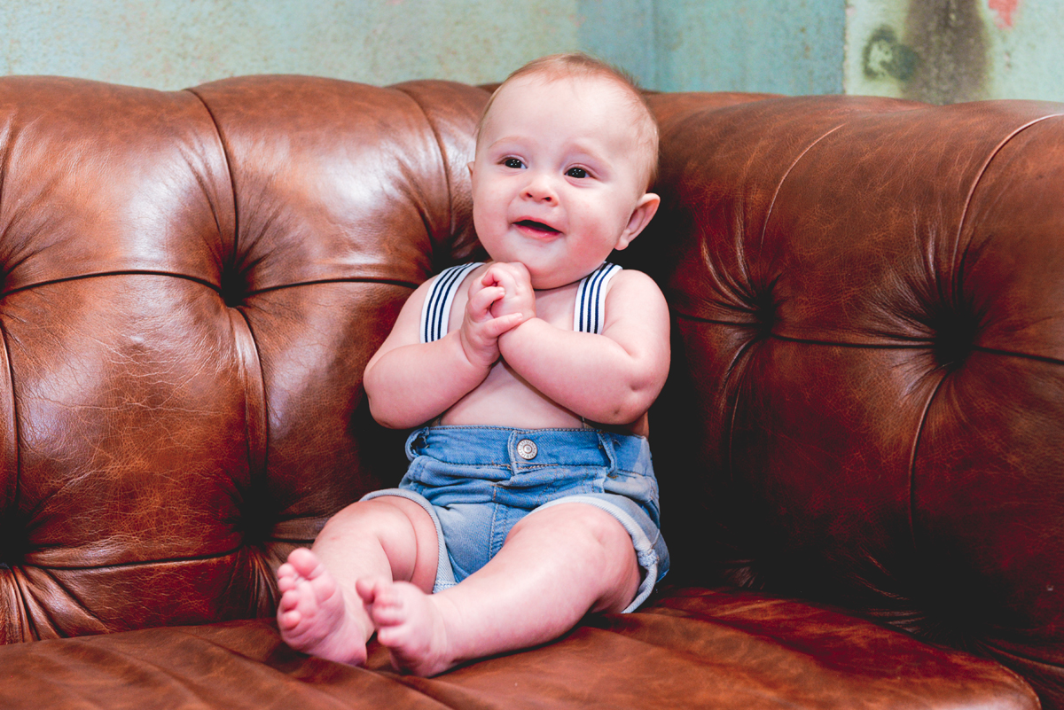 baby, happy, couch, leather, suspenders