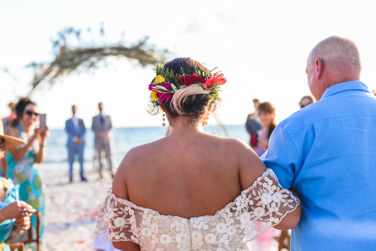 bride, walking, isle, beach, wedding, flowers