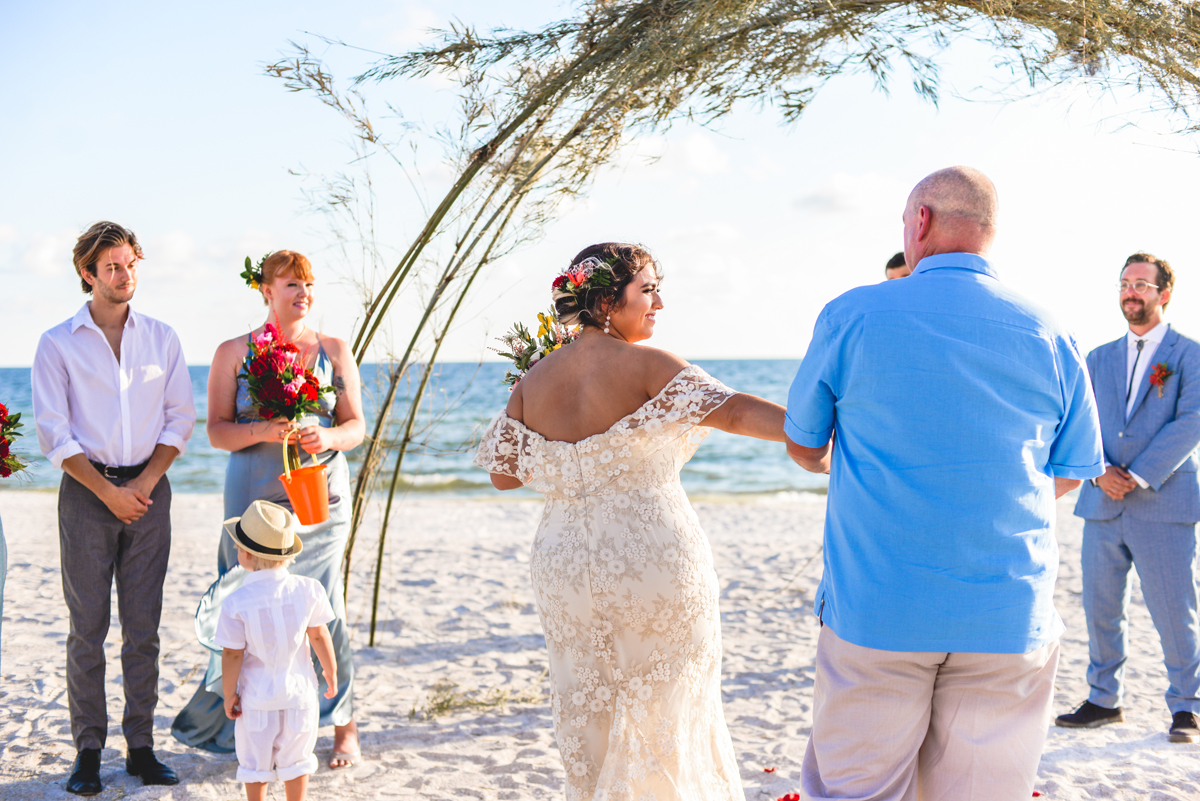 bridal party, wedding, father, bride, sand, hand off