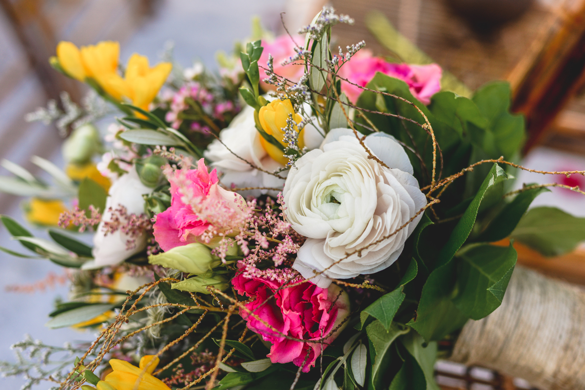 flowers, bouquet, greenery, pink, white, yellow, sand