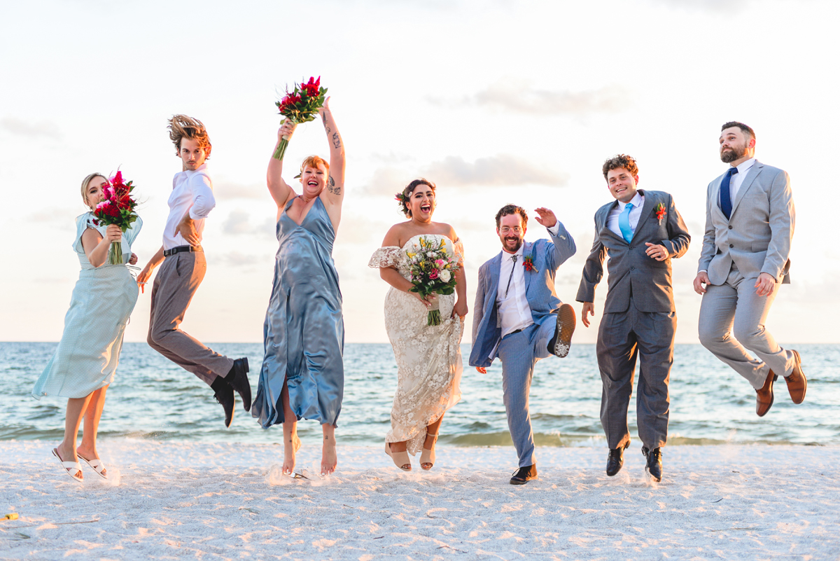 jumping, laughing, friends, bridal party, beach, wedding, i do