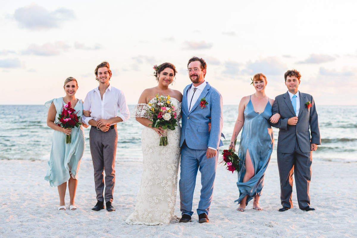 bridal party, beach, wedding, ocean, sand 