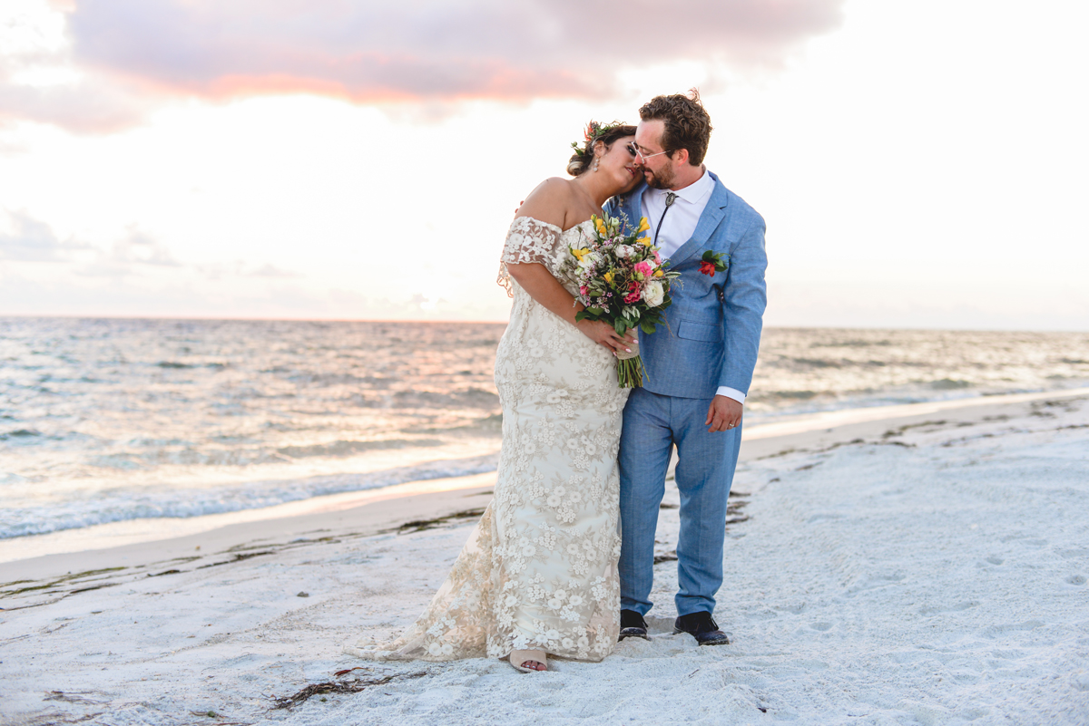 beach, wedding, husband, wife, sand, ocean, kissing