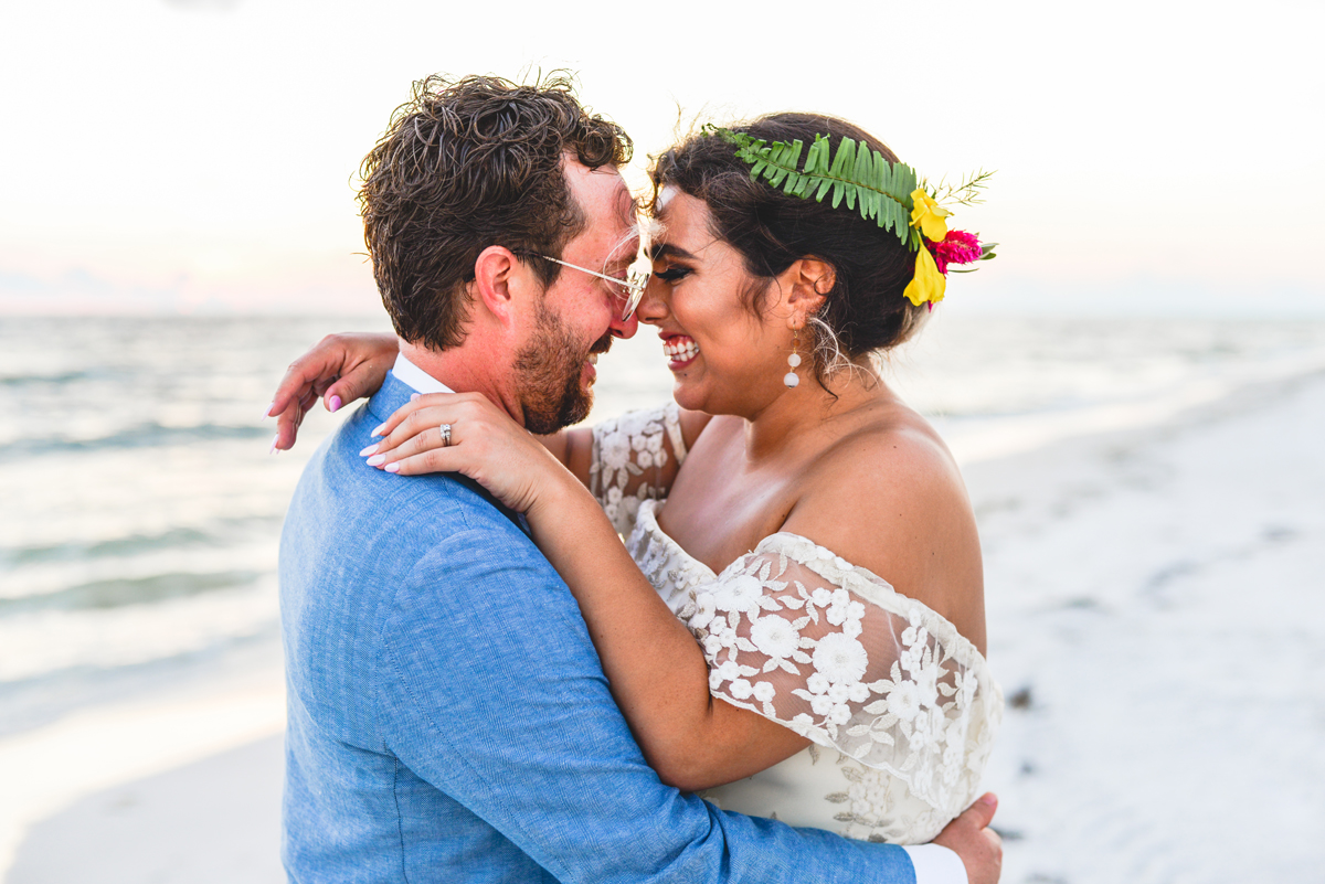 love, laughing, beach, sand, just married, husband, wife