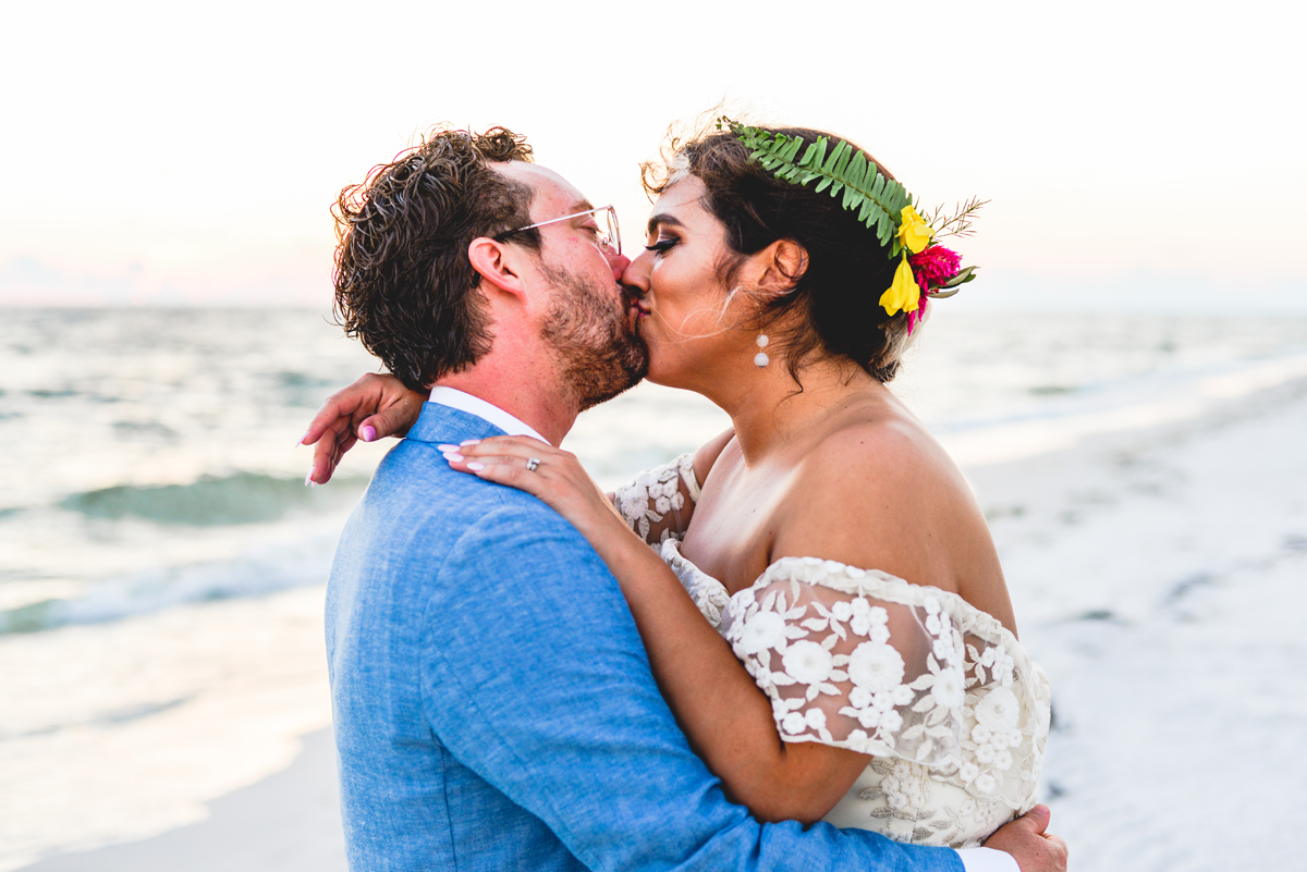 kissing, bride, groom, beach, sand, love