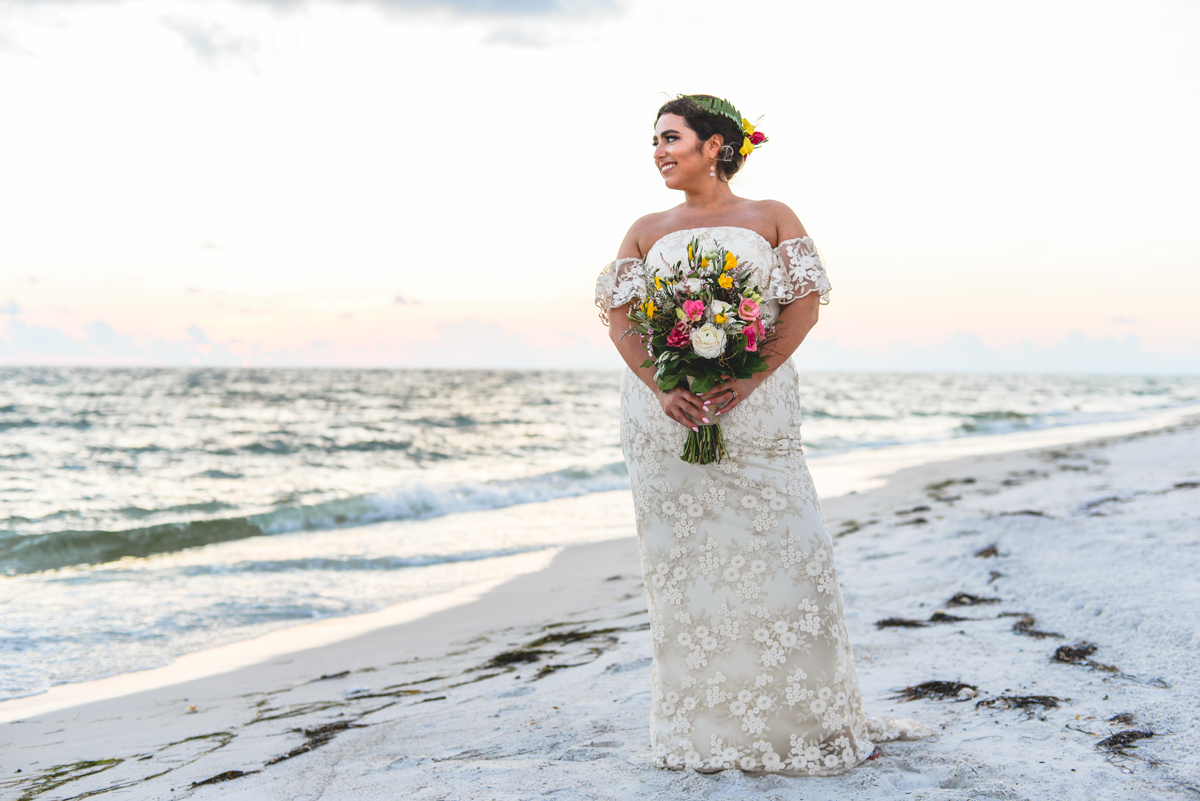 bride, sand, ocean, portrait, wife, flowers