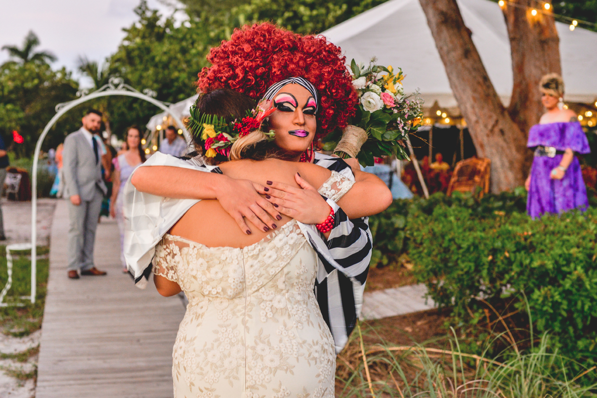 drag queen, hugging, fun, fab, wedding