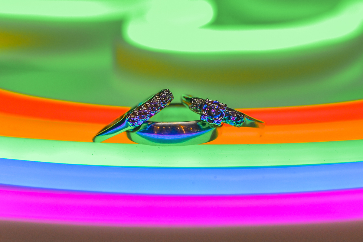 rainbow, rings, neon, detail, diamond, wedding