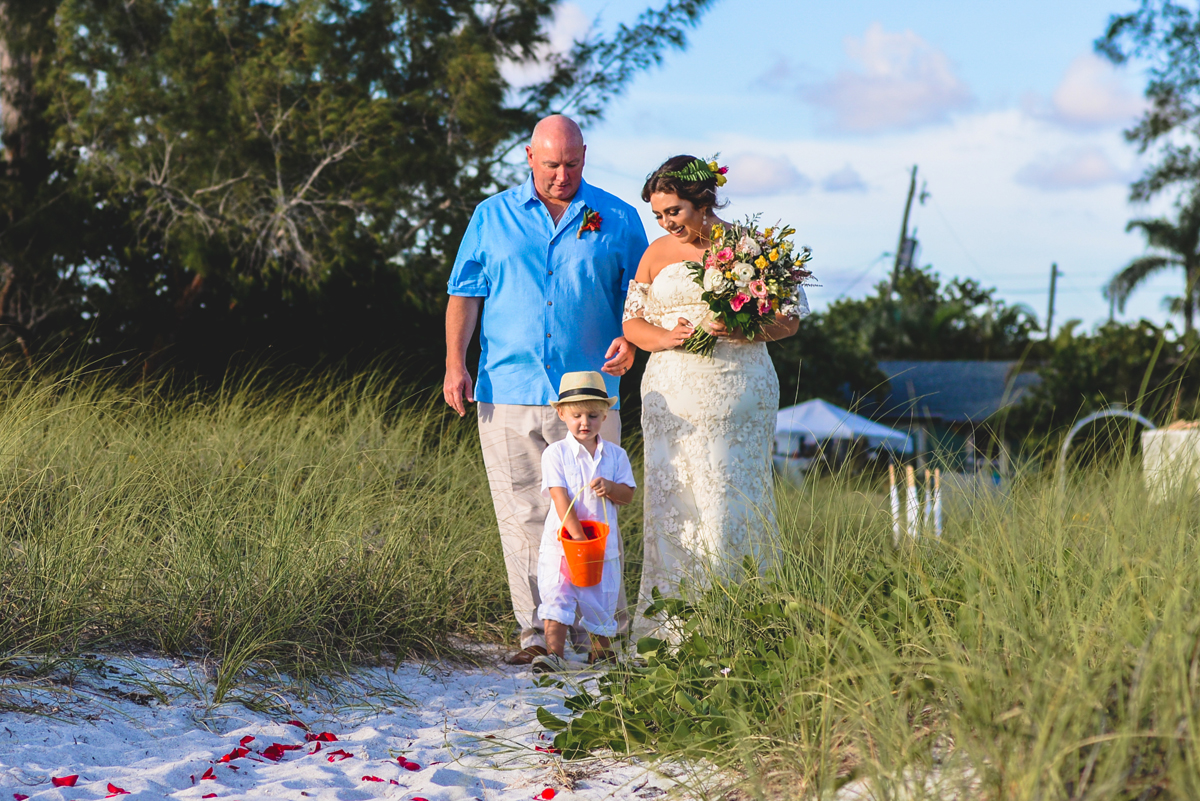 bride, dad, flower girl, sand, beach, wedding