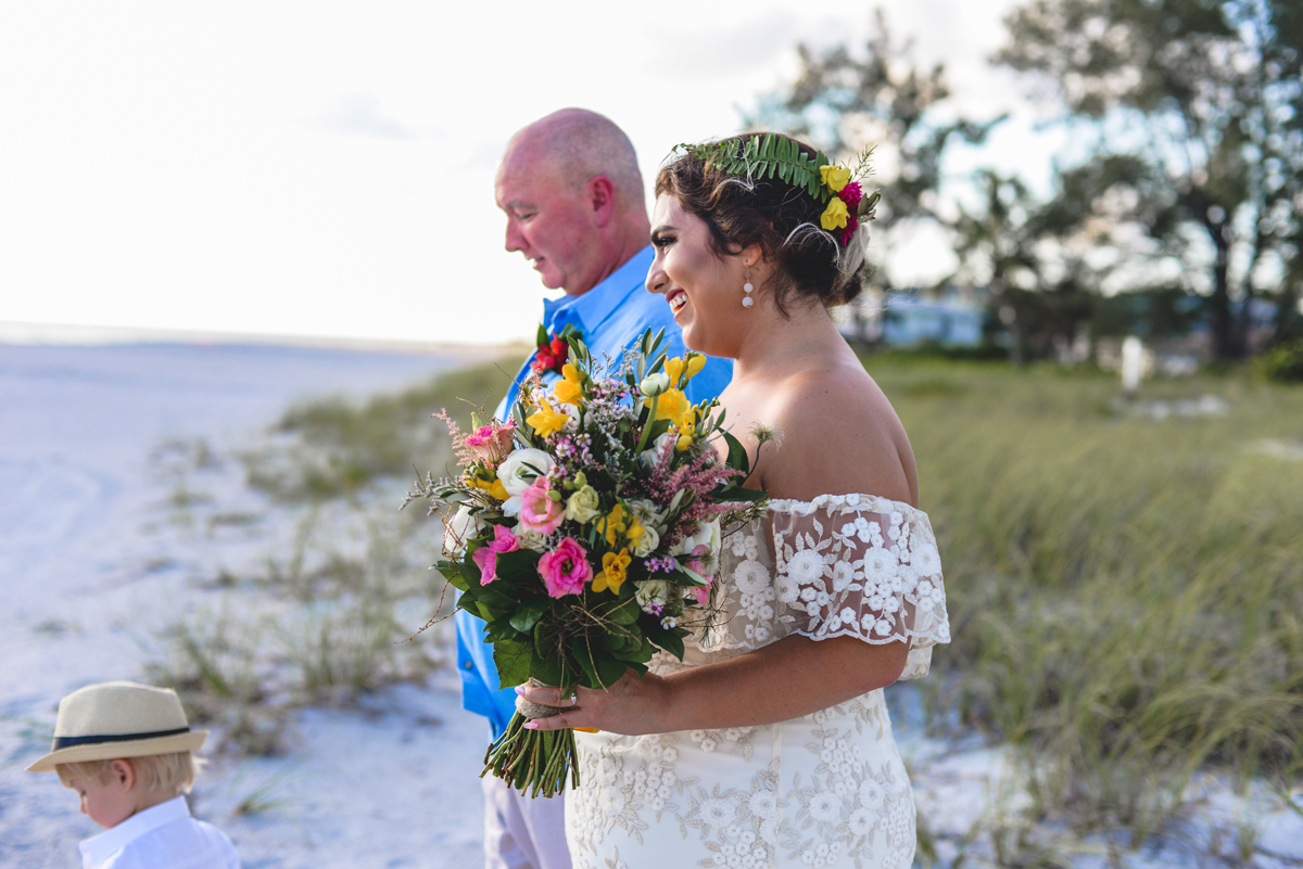 flowers, bouquet, bride, father, beach, sand, wedding