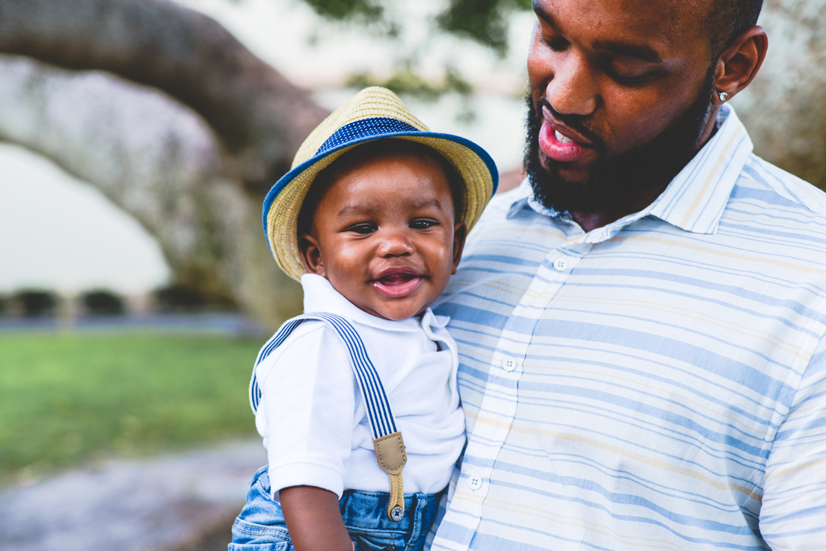 father, son, suspenders, smile, hat