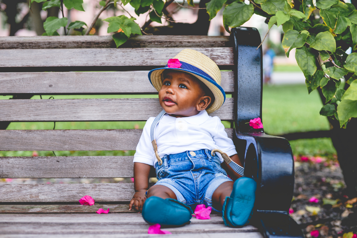 flower, hat, baby, boy, blue, bench, park, flowers