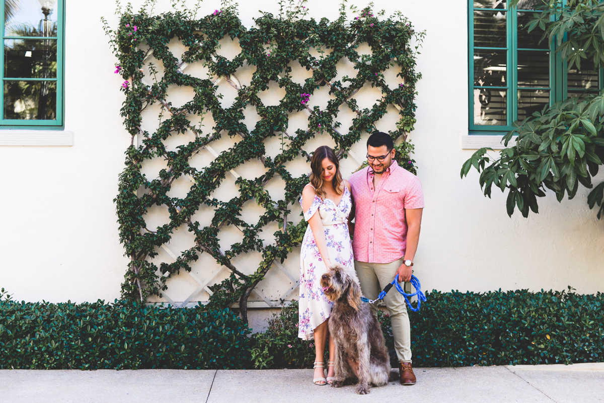 engaged, couple, dog, lattice, greenery