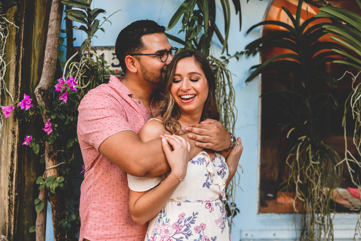 laughing, couple, hugging, blue, orchids