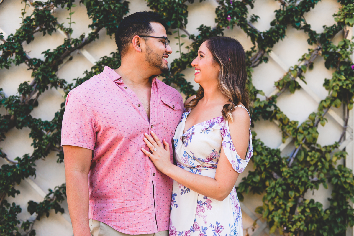 portrait, happy, couple, engaged, lattice 