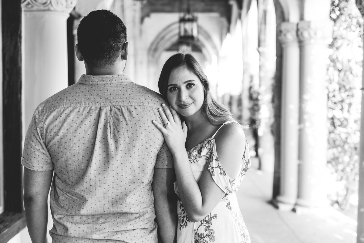 black and white, columns, engaged, portrait