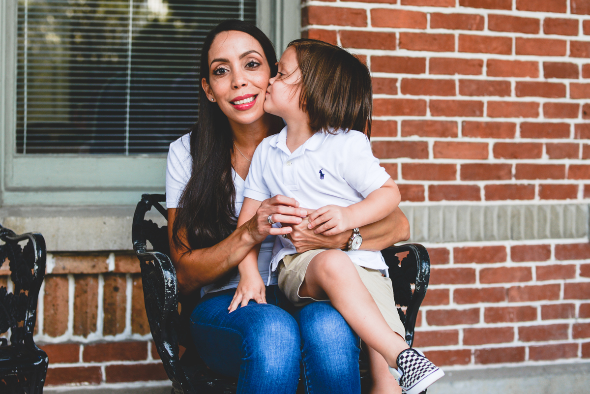 mom, son, kissing, love, family, brick