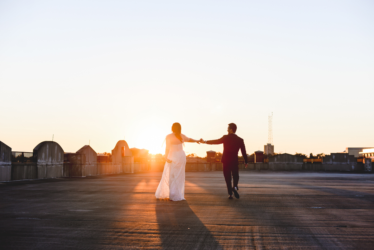 walking, sunset, rooftop, husband, wife, wedding day