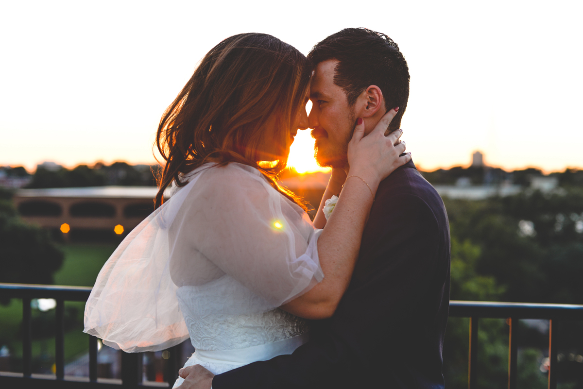 sunset, silhouette, sun flare, husband, wife, kissing