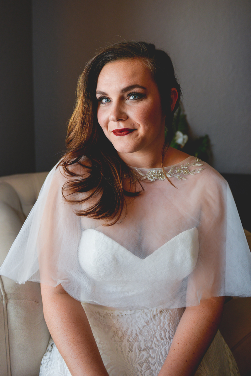 portrait, getting ready, lace, wedding dress, cape, veil, blue eyes, red lips