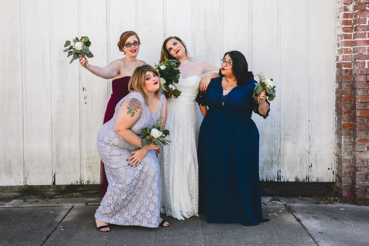 silly, girls, bridesmaid, funny, photo, brick, white wood