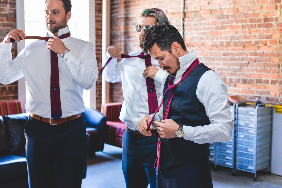 groom, getting ready, groomsmen, tie, brick