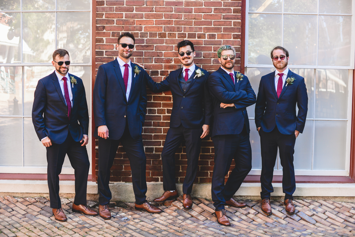 groomsmen, sunglasses, brick, formal wear, posed