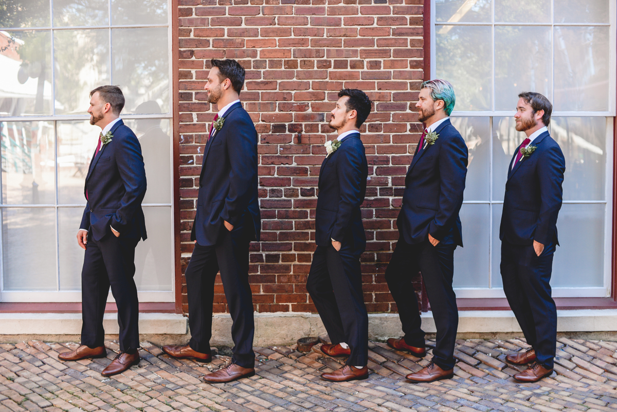 line, men, groomsmen, wedding day, bridal party, brick