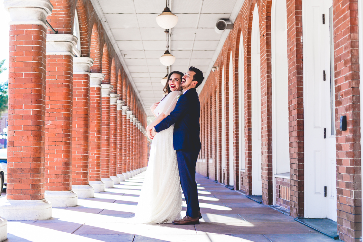 brick, columns, ybor, historic, bride, groom, laughing