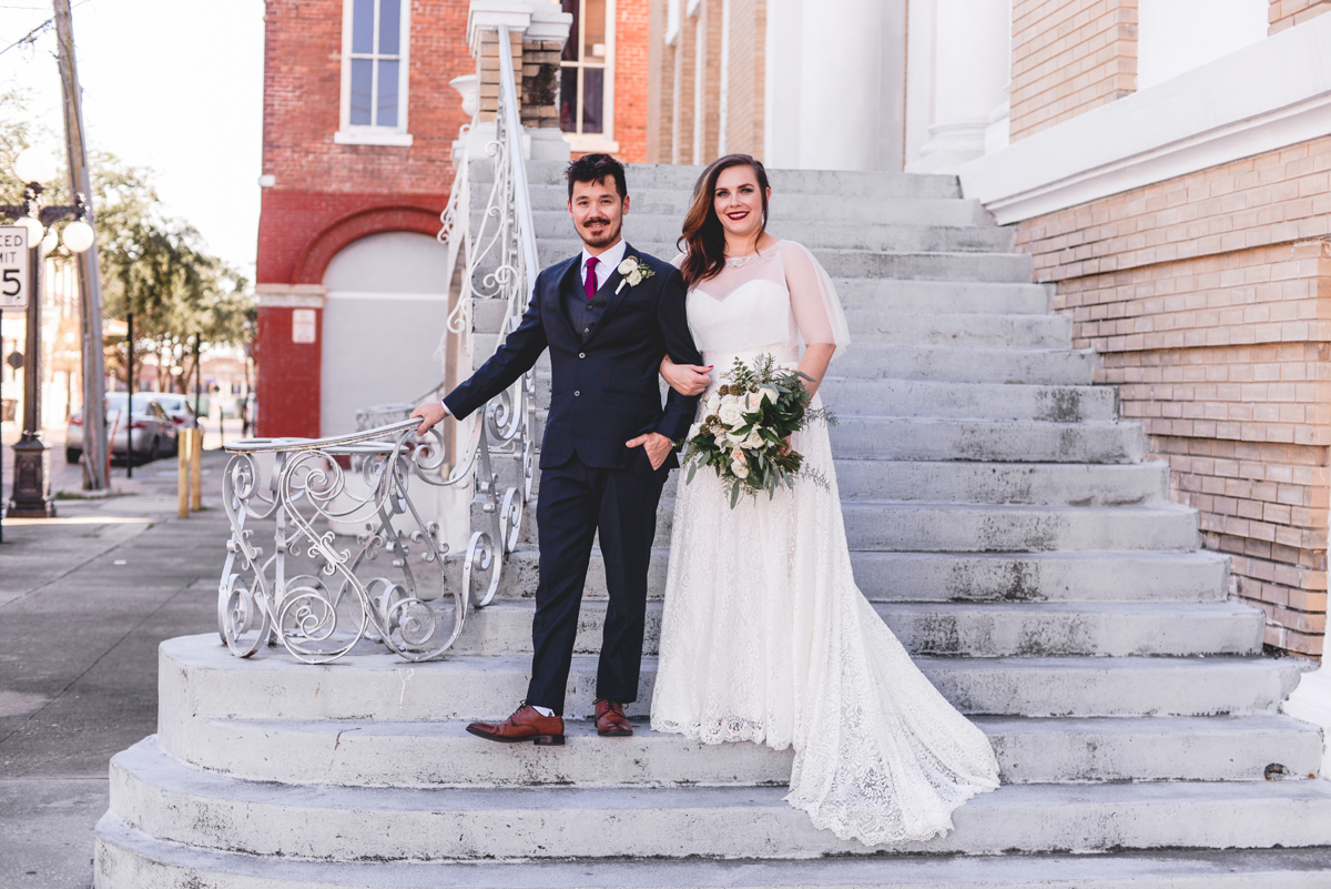 formal, portrait, stairs, historic, ybor, smiling, husband, wife, wedding day