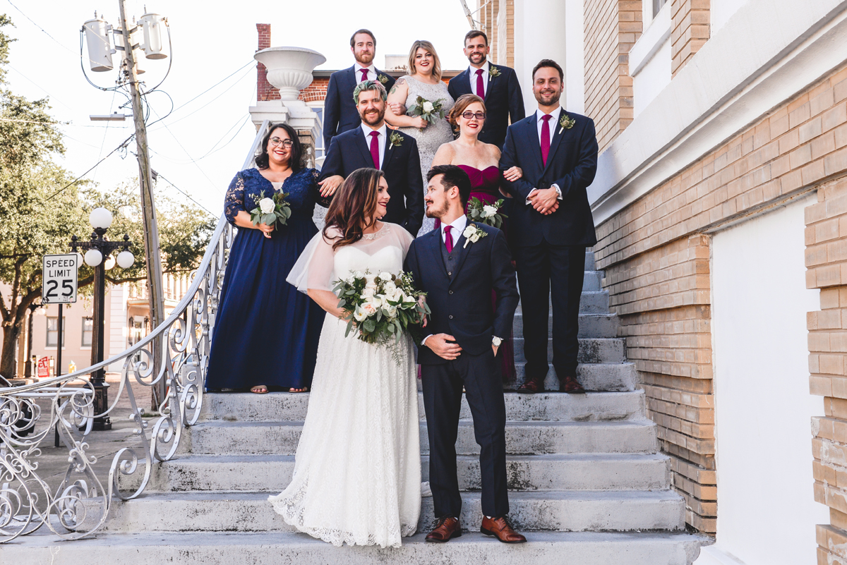 bridal party, wedding day, steps, portrait, stairs, brick, historic