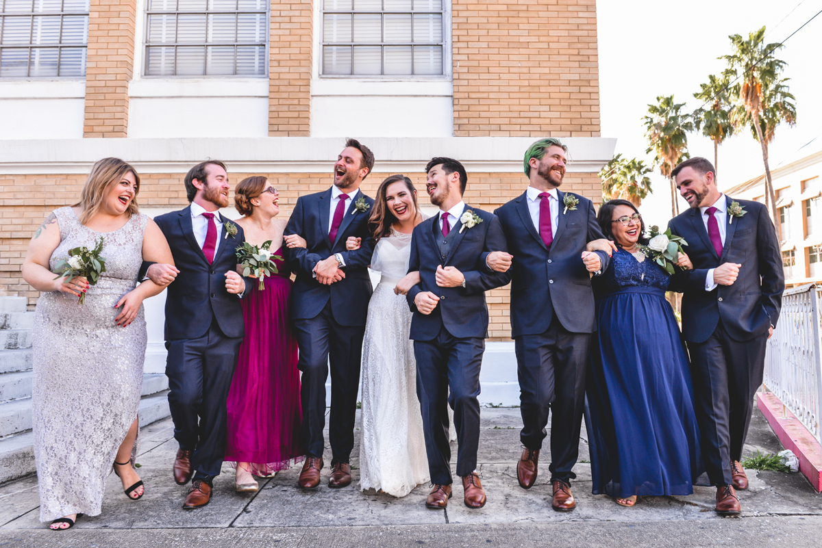 walking, laughing, bridal party, wedding day, historic, ybor